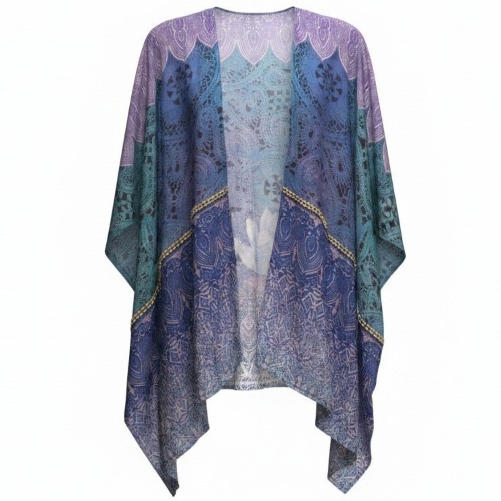 Soft Surroundings Kimono Wrap Blue Purple Lotus Paisley Beaded One Size OS